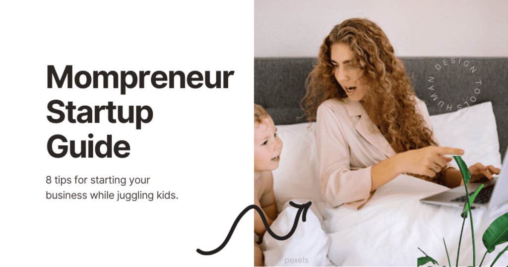 mom with computer who is starting a business and kid is on the bed too, trying to get a peak of what she is working on. image credit is pexels