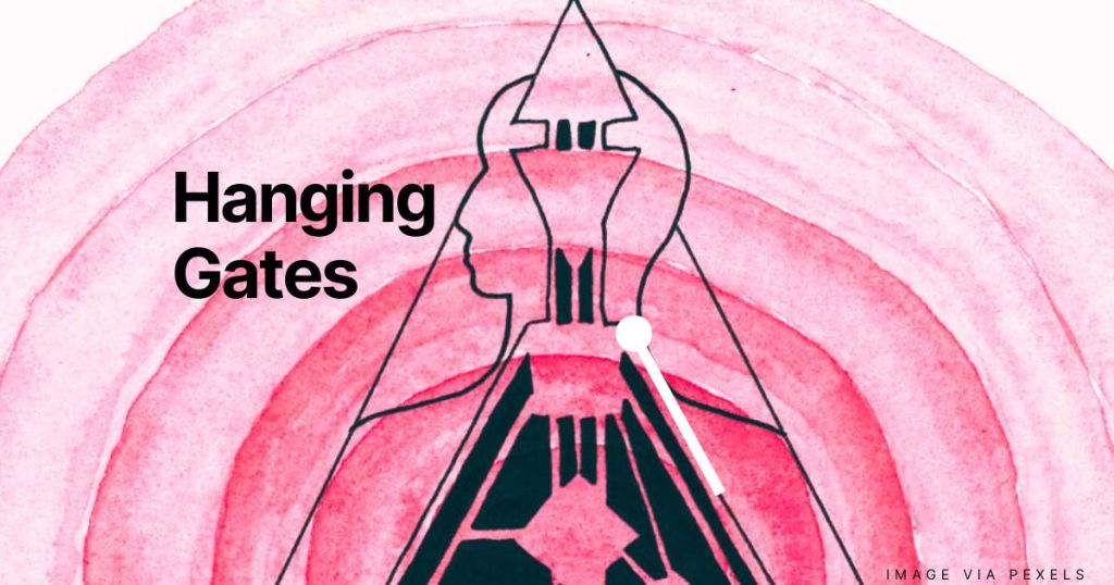 human design bodygraph with pink aura in the background and the words "hanging gates" on the left