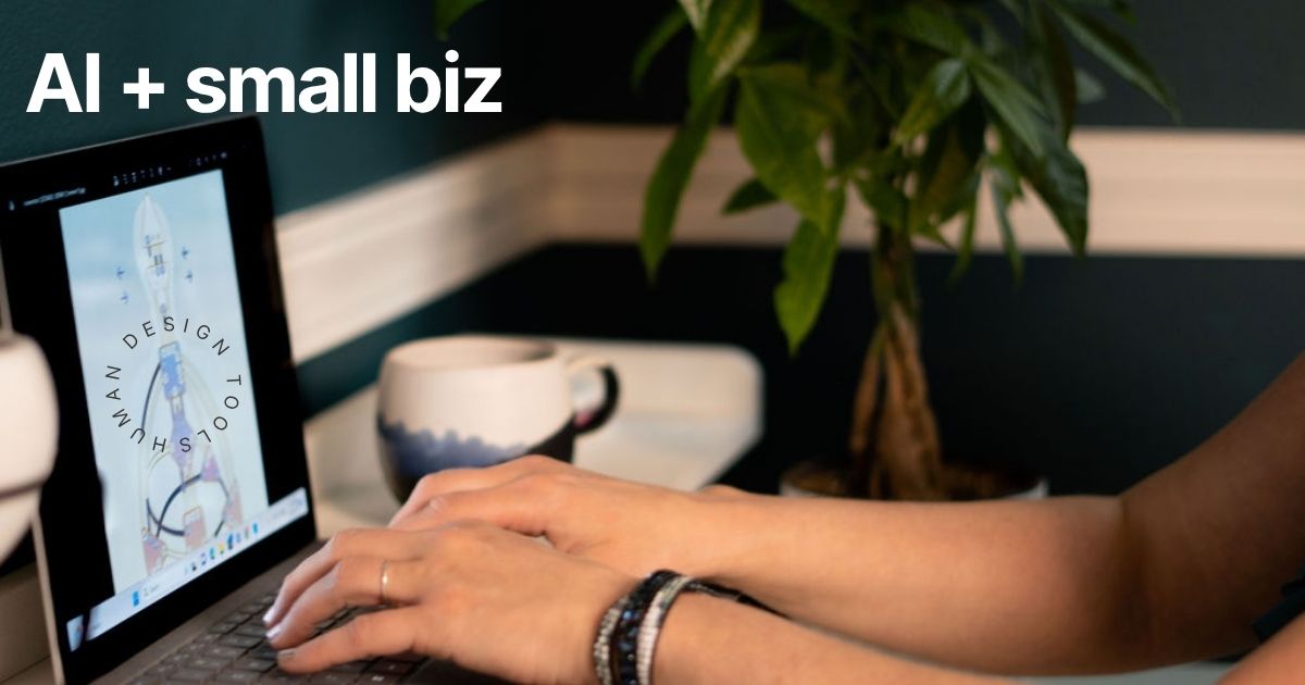 Person typing on a computer utilizing AI with coffee cup and plant
