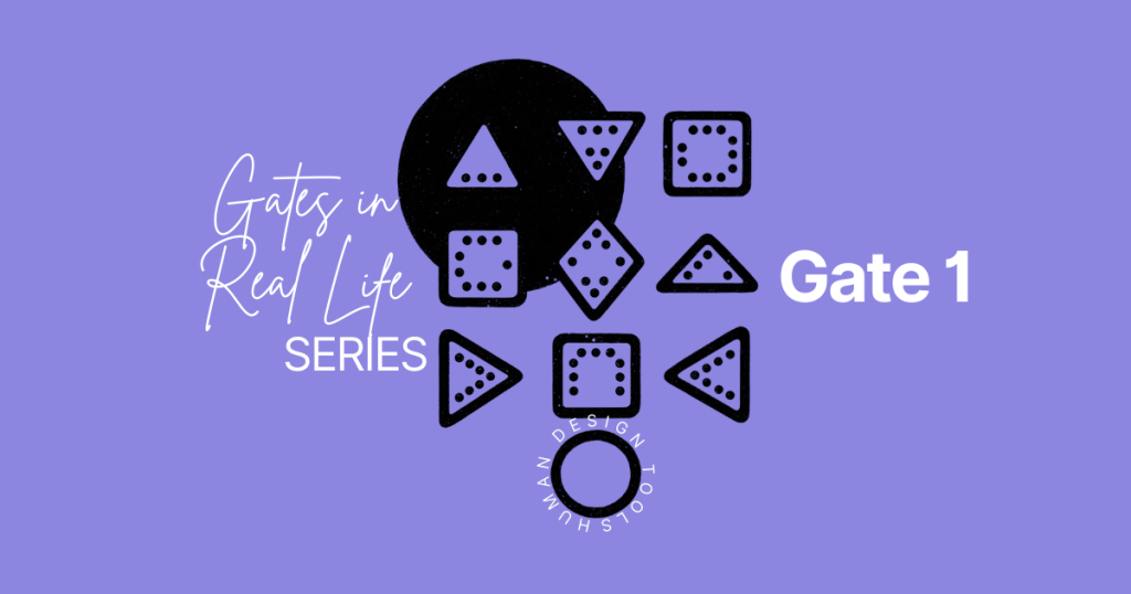 Purple background, image of the human design gates and words that say Gate 1, Gates in Real Life Series