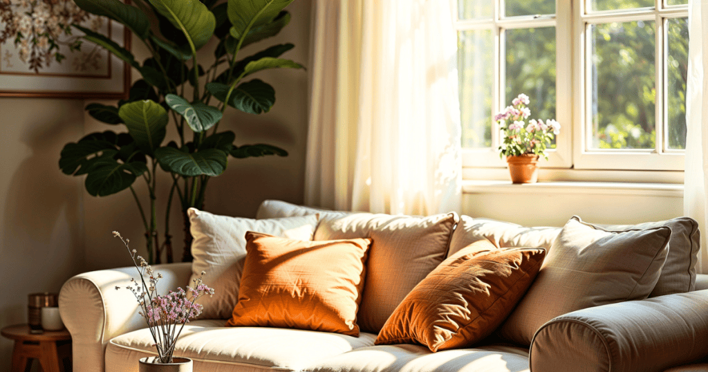 sun shining in to a warm living room that feels soothing to your well-being