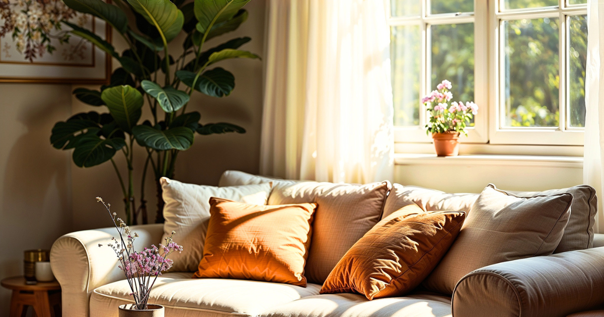 sun shining in to a warm living room that feels soothing to your well-being